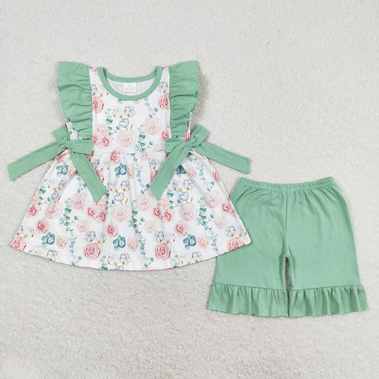 Baby Girls Pink Flowers Ruffle Bows Tunic Shorts Clothes Sets