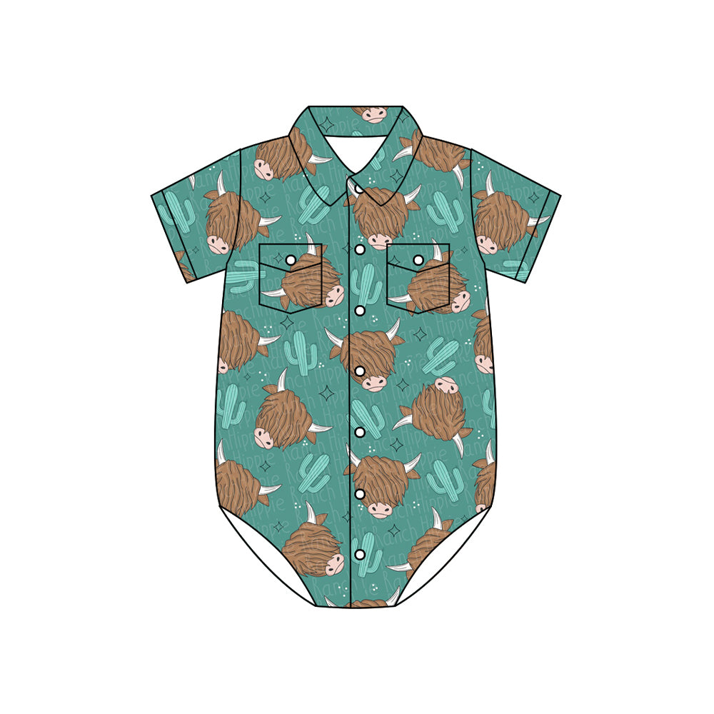 Preorder moq 5 Baby Boys Short Sleeves Highland Cow Cactus Button Pockets Rompers