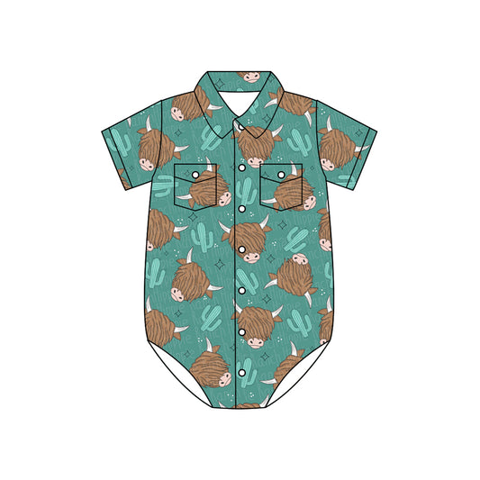 Preorder moq 5 Baby Boys Short Sleeves Highland Cow Cactus Button Pockets Rompers
