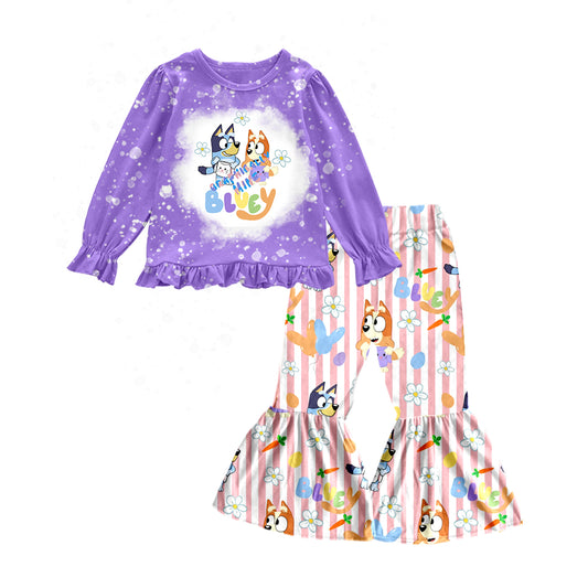 Baby Girls Easter Bunny Purple Shirt Rabbits Bell Pants Clothes Sets preorder(moq 5)
