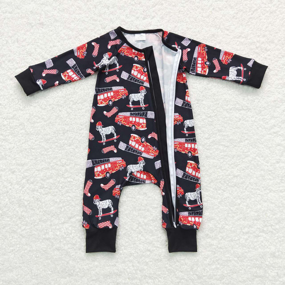 Baby Infants Boys Firetruck Zip Long Sleeve Rompers