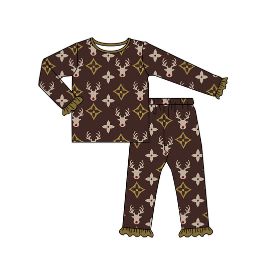 Baby Girls Christmas Brown Reindeer Pajamas 2pcs Clothing Sets preorder(moq 5)