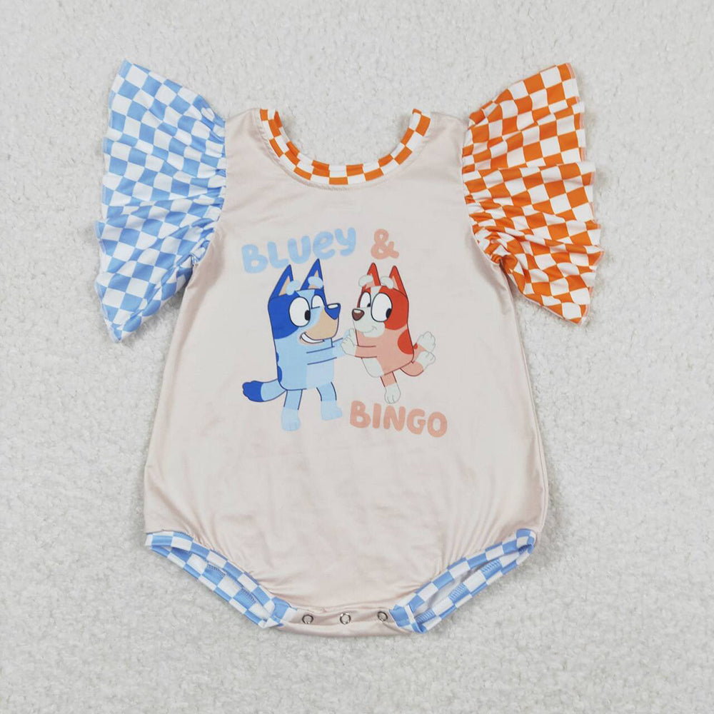 Baby Infant Girls Sister Dogs Checkered Sleeveless Rompers