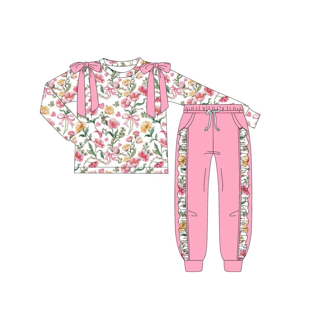 Preorder (moq 5)Baby Girls Long Sleeves Pink Flowers Bows Plaid Top Pocket Leggings Pants Set