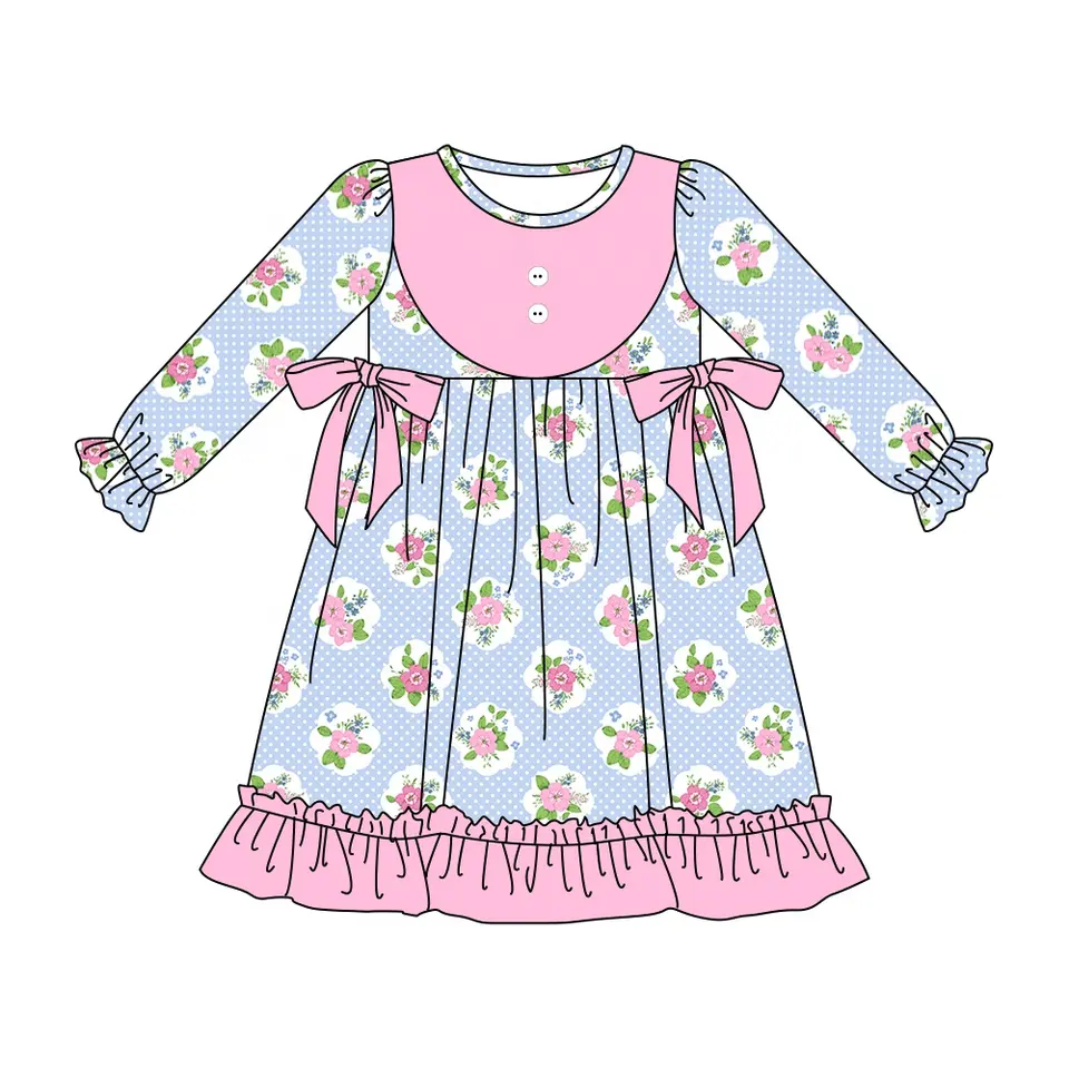 Baby Girls Blue Flowers Knee Length Bib Long Sleeve Dresses Preorder(moq 5)