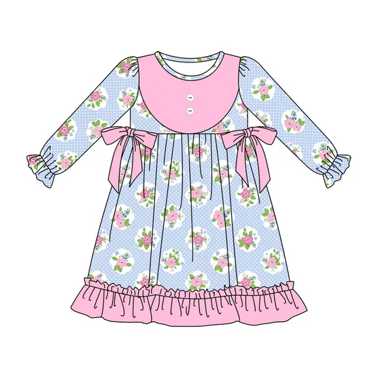 Baby Girls Blue Flowers Knee Length Bib Long Sleeve Dresses Preorder(moq 5)