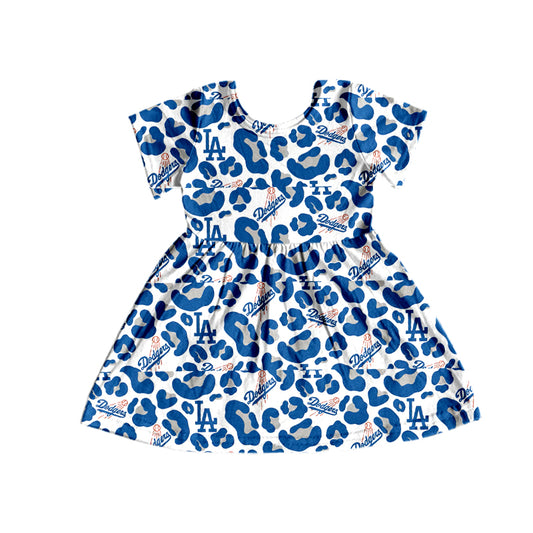 Baby Girls Blue Leopard Football Team Short Sleeve Dresses preorder(moq 5)