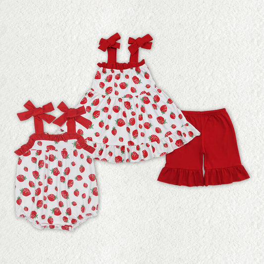 Baby Girls Strawberry Sibling Sister Rompers Outfits Clothes Sets