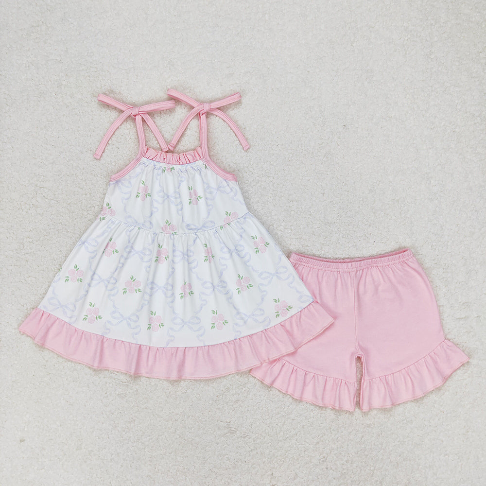 Baby Girls Pink Small Flowers Straps Tunic Top Ruffle Shorts Clothes Sets