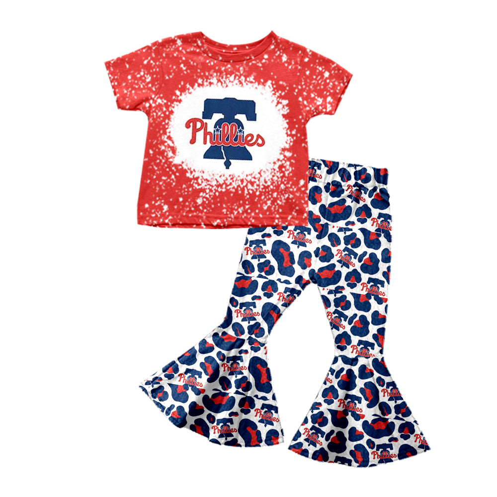 Baby Girls Team Red Blue Tee Shirt Leopard Bell Pants Clothing Sets preorder(moq 5)