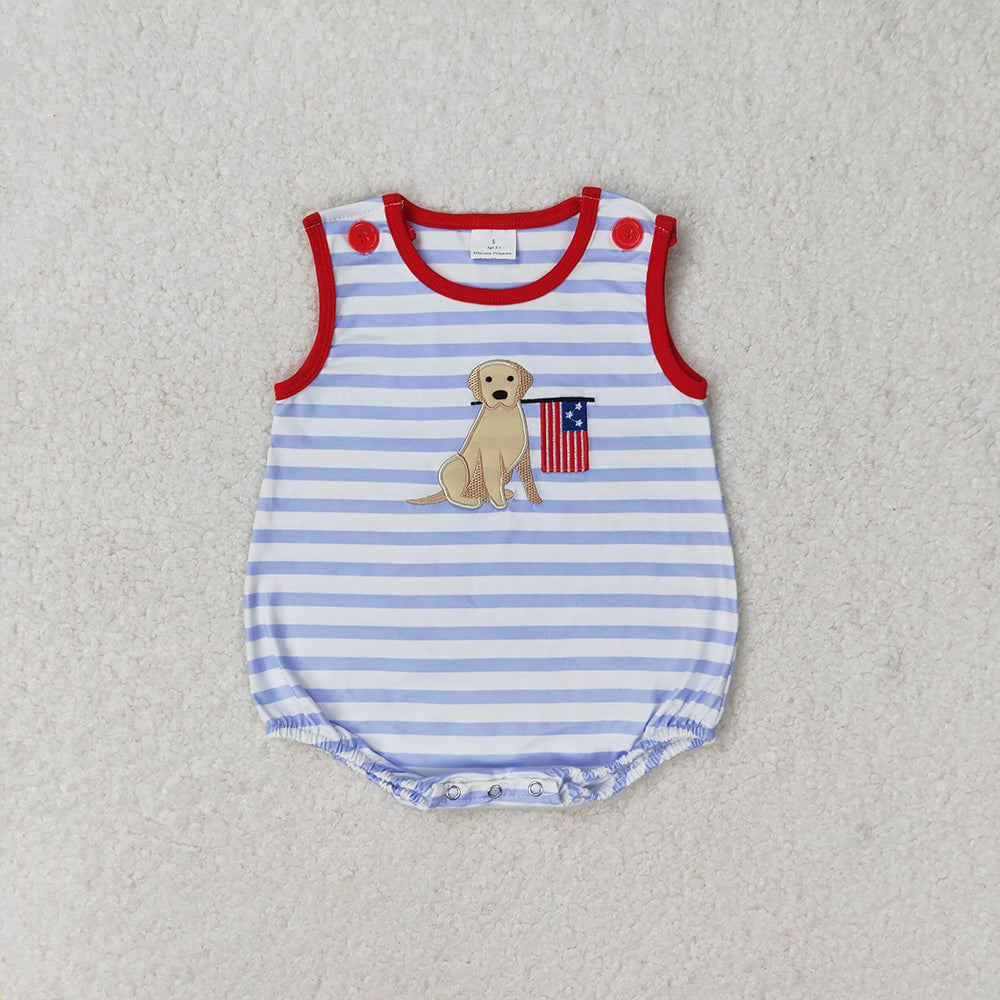 Baby Infant Boys Blue Stripes Dog Flag Sleeveless Summer Rompers