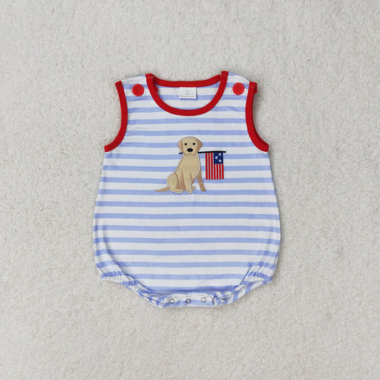 Baby Infant Boys Blue Stripes Dog Flag Sleeveless Summer Rompers