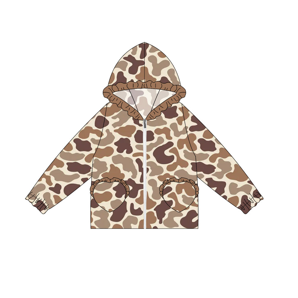 Preorder(moq 5) Baby Girls Long Ruffle Sleeves Brown Camo Pockets Zipper Hoodies Top