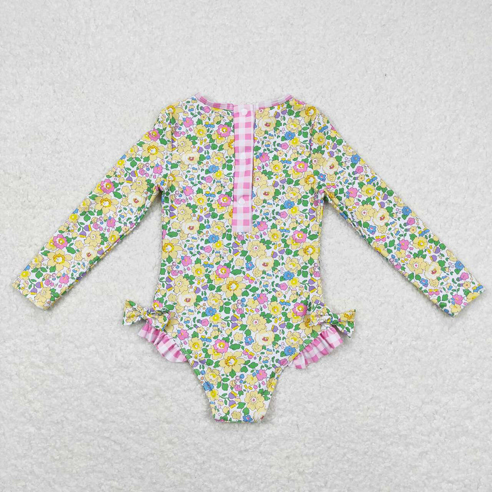 Baby Girls Summer Long Sleeve Flowers Bows One Piece Swimsuits