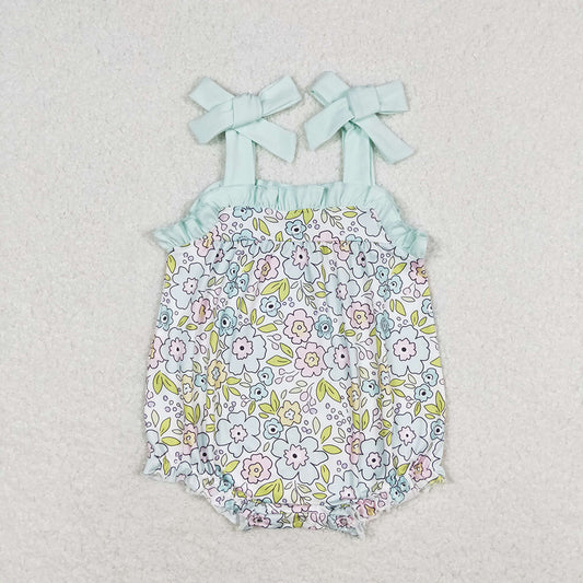 Baby Infant Girls Green Flowers Tie Bows Summer Rompers