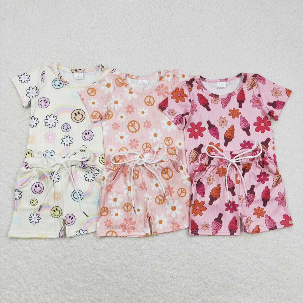 Baby Girls Flowers Short Sleeve Tee Shirts Summer Shorts Pajamas Clothes Sets