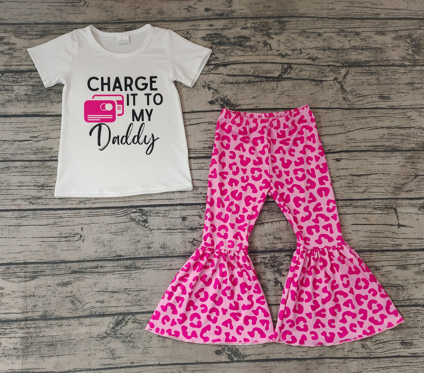 Baby Girls Charge It To My Daddy Shirt Pink Leopard Bell Pants Clothes Sets