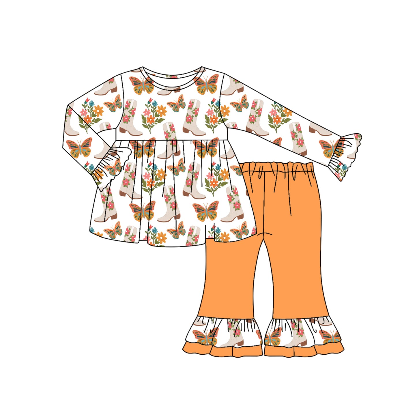 Preorder (moq 5)Baby Girls Long Ruffle Sleeves Butterfly Floral Boots Tunic Flare Pants Set