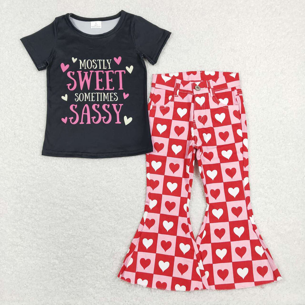 Baby Girls Sweet Sassy Shirt Hearts Bell Denim Jeans Pants Clothes Sets