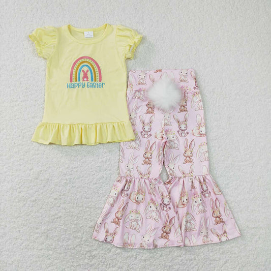 Baby Girls Happy Easter Rainbow Embroidery Shirt Top Bell Pants Clothes Sets