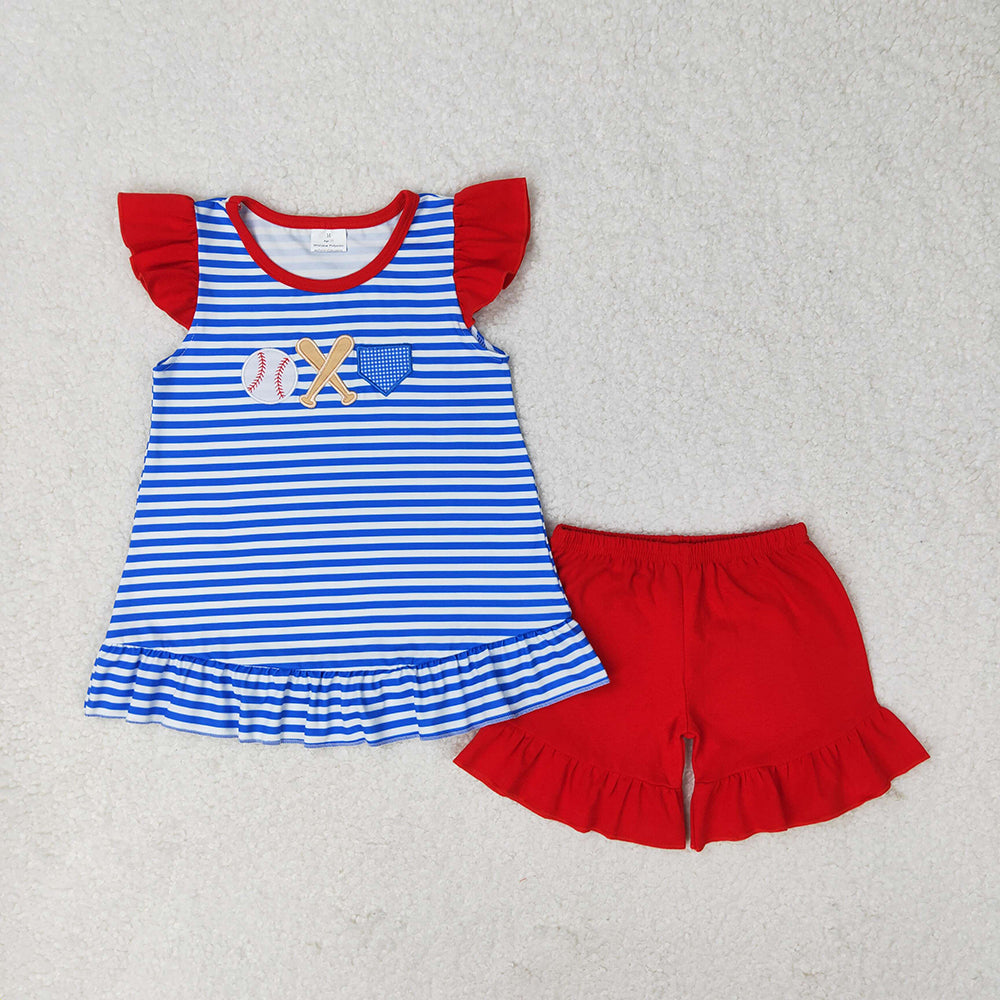 Baby Girls Blue Stripes Baseball Tunic Top Summer Shorts Clothes Sets