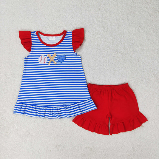 Baby Girls Blue Stripes Baseball Summer Sibling Clothes Sets
