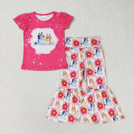 Baby Girls Pink Dogs Shirts Top Flowers Bell Pants Clothes Sets