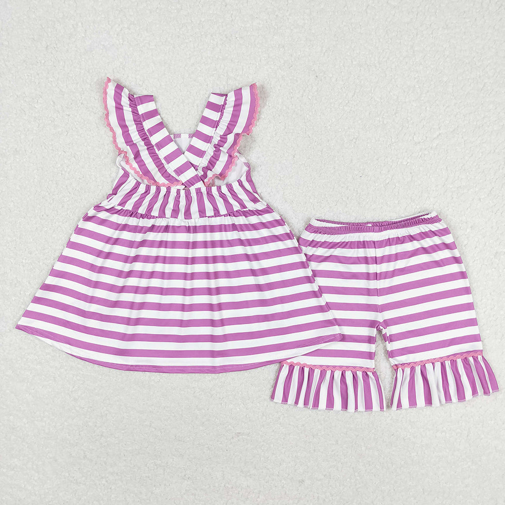 Baby Girls Purple Stripes Popstick Tunic Top Ruffle Shorts Clothes Sets