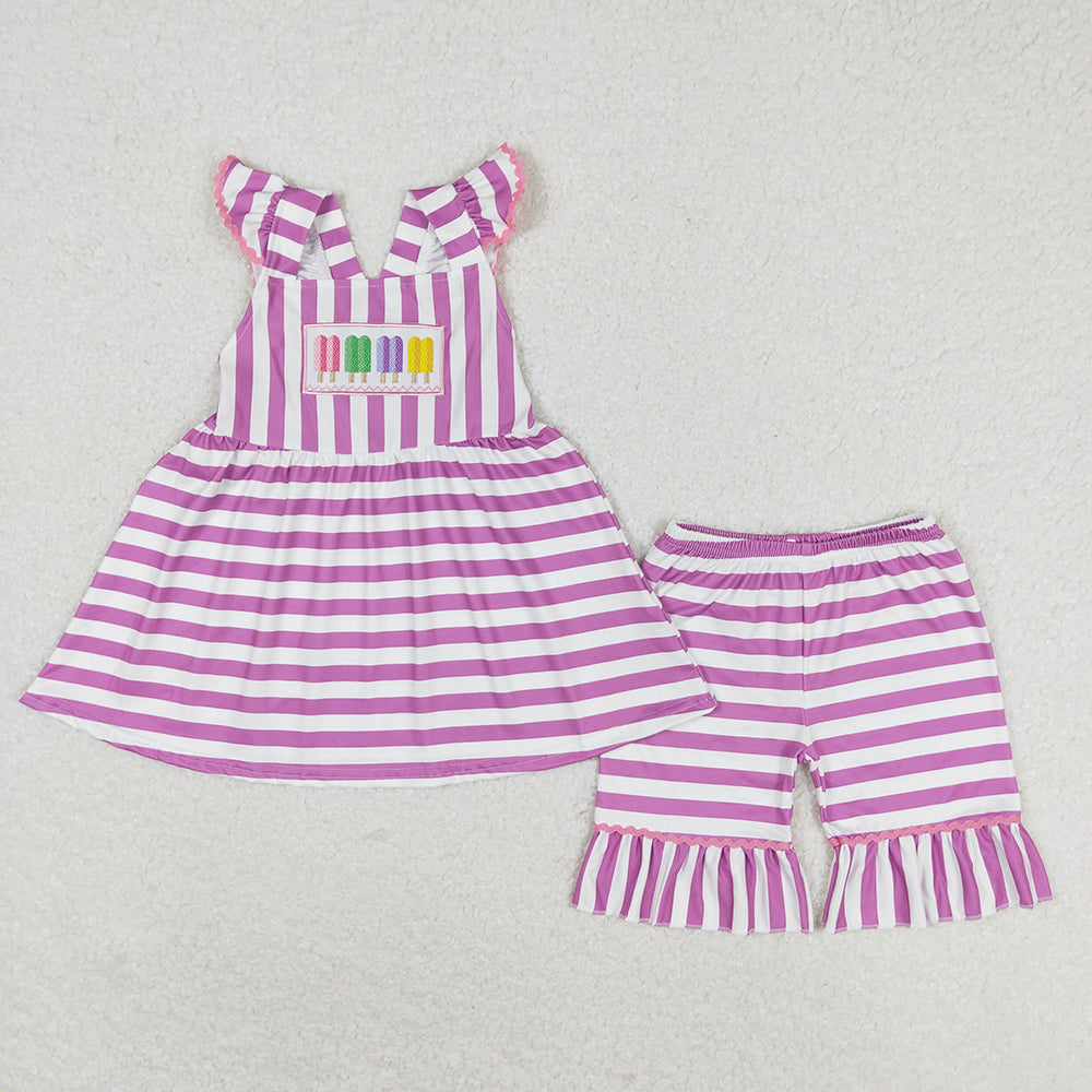 Baby Girls Purple Stripes Popstick Tunic Top Ruffle Shorts Clothes Sets