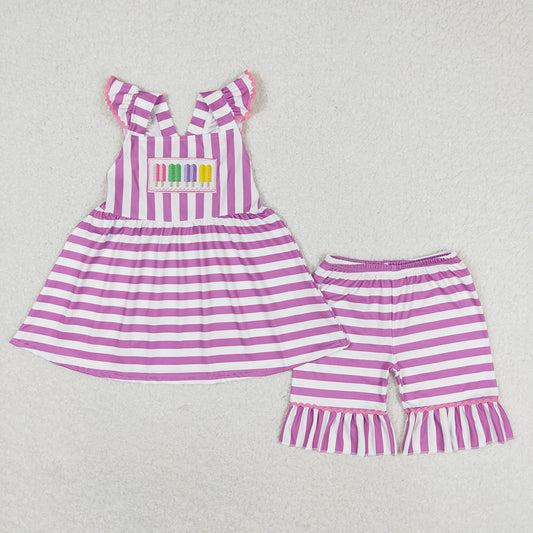 Baby Girls Purple Stripes Popstick Tunic Top Ruffle Shorts Clothes Sets
