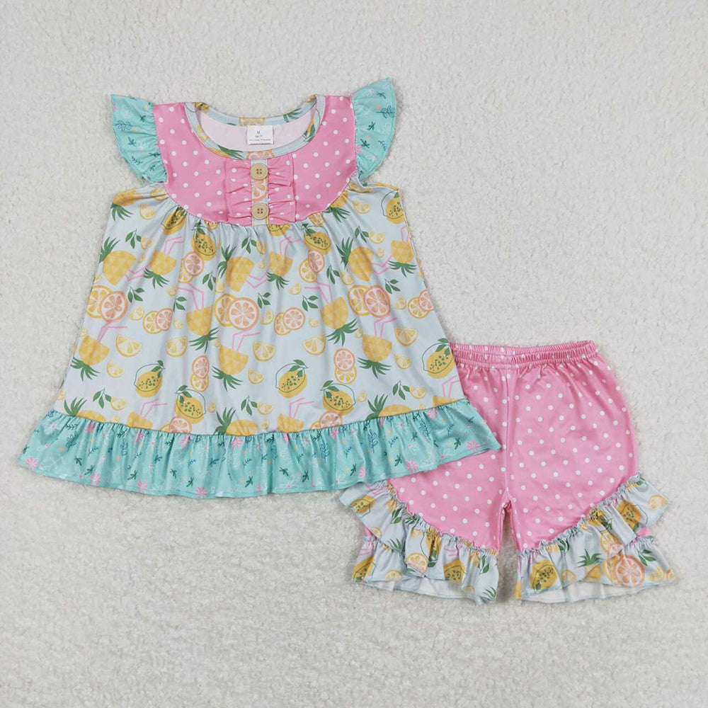 Baby Girls Lemon Flutter Sleeve Tunic Tops Ruffle Shorts Clothes Sets