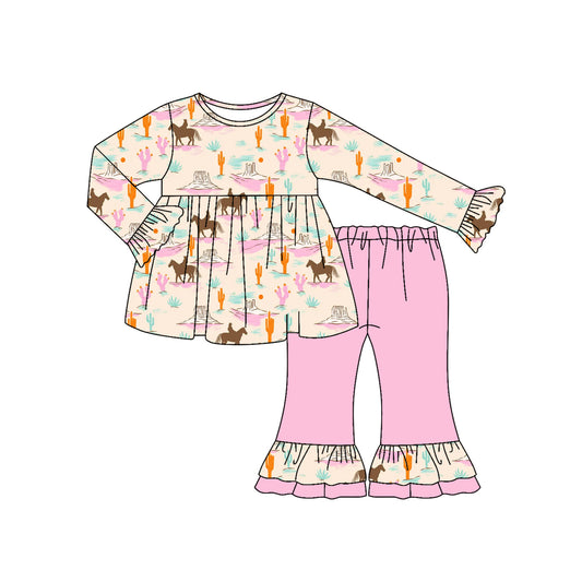 Preorder (moq 5)Baby Girls Long Ruffle Sleeves Horse Rodeos Cactus Tunic Flare Pants Set