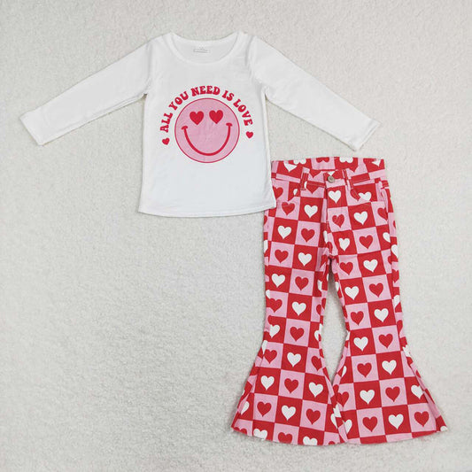 Baby Girls All Need Love Shirt Hearts Bell Denim Jeans Pants Clothes Sets