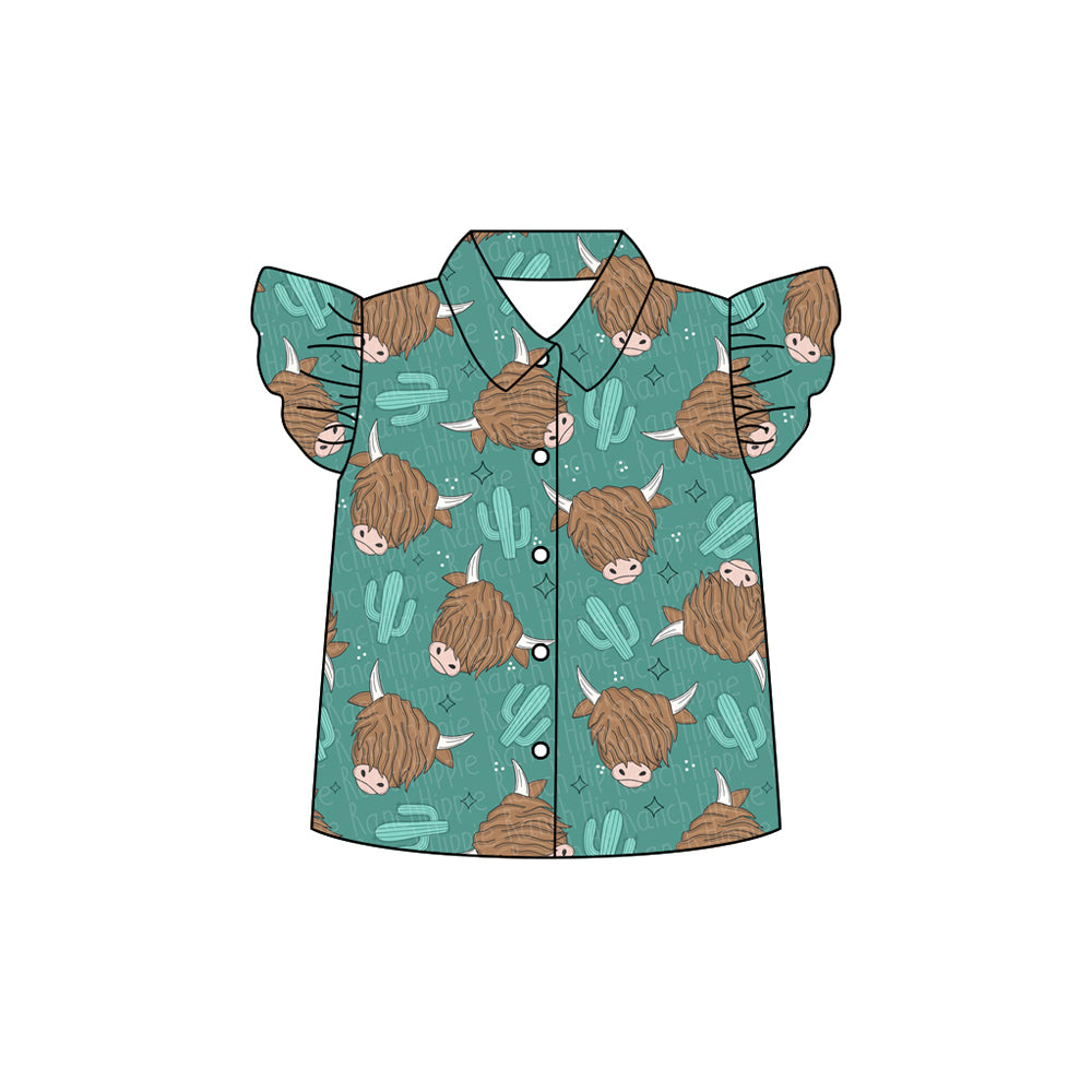 Preorder moq 5 Baby Girls Flutter Sleeves Highland Cactus Button Shirts Top