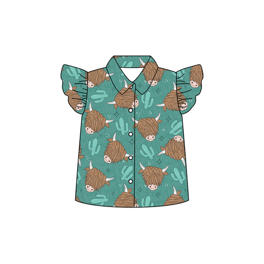 Preorder moq 5 Baby Girls Flutter Sleeves Highland Cactus Button Shirts Top