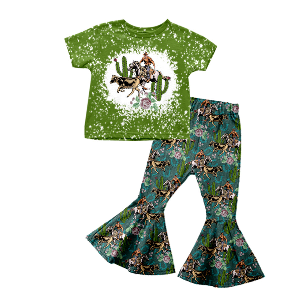 Baby Girls Green Cactus Rodeo Shirt Cactus Bell Pants Clothes Sets preorder(moq 5)