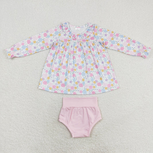 Baby Girls Pink Flowers Long Sleeve Top Bummie Sets