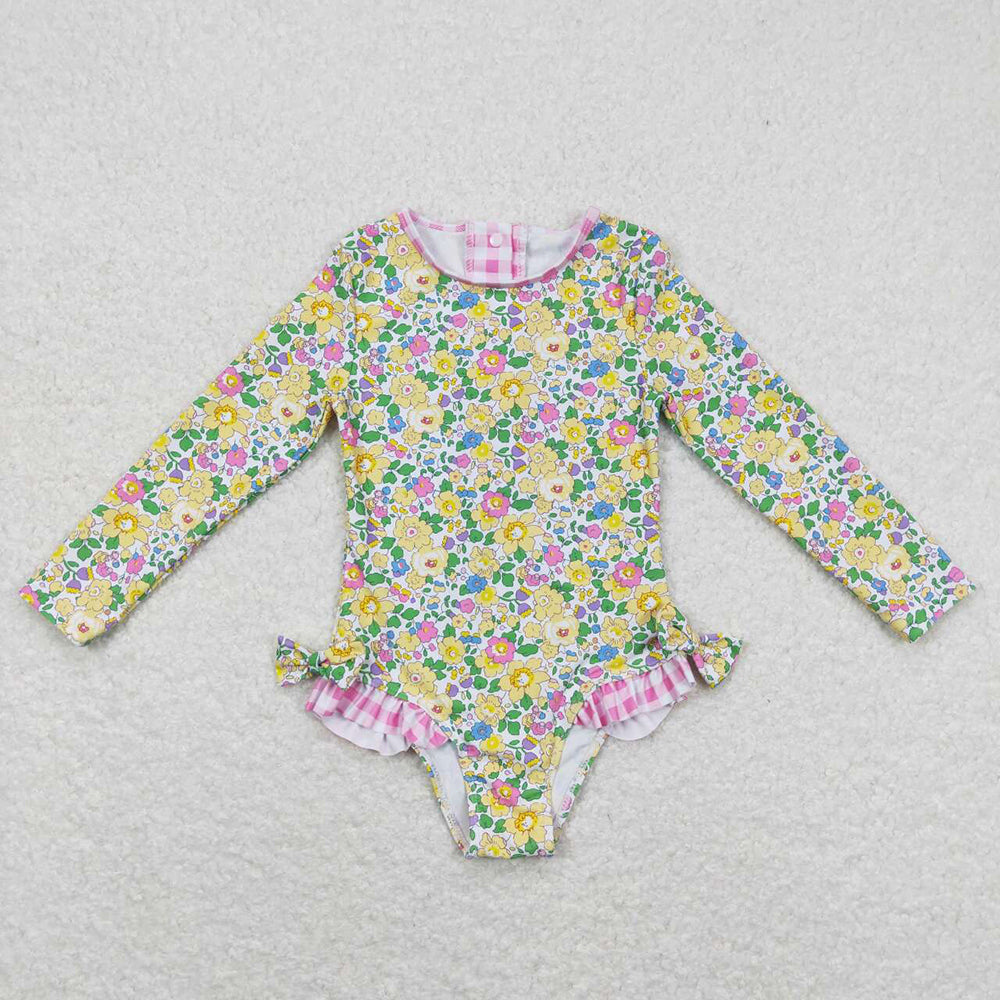 Baby Girls Summer Long Sleeve Flowers Bows One Piece Swimsuits