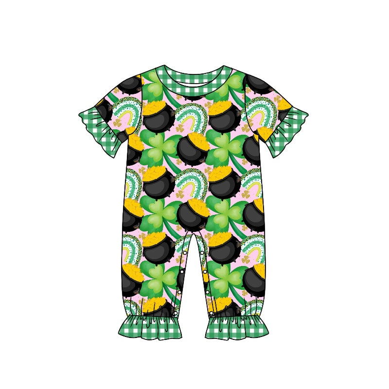 Baby Girls St Patrick Day Quatrefoil Green Rompers preorder(moq 5)