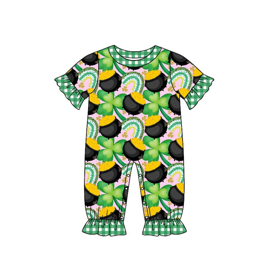 Baby Girls St Patrick Day Quatrefoil Green Rompers preorder(moq 5)