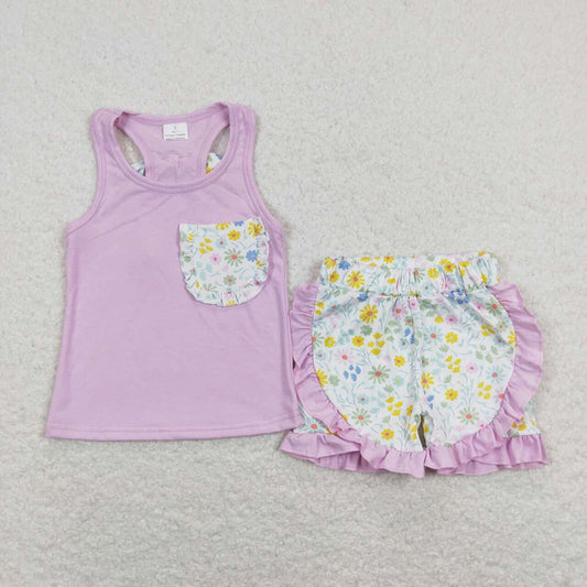 Baby Girls Pink Sleeveless Tank Top Shirts Flowers Ruffle Shorts Summer Clothes Sets