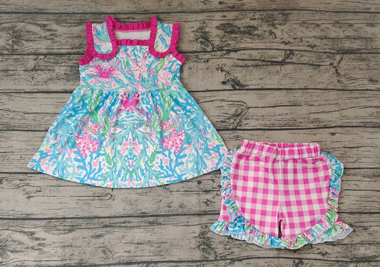 Baby Girls Water Flowers Blue Pink Tunic Top Ruffle Shorts Clothes Sets