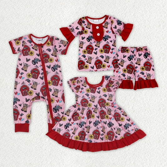 Baby Girls Red Farm Sunflower Sibling Rompers Clothes Sets