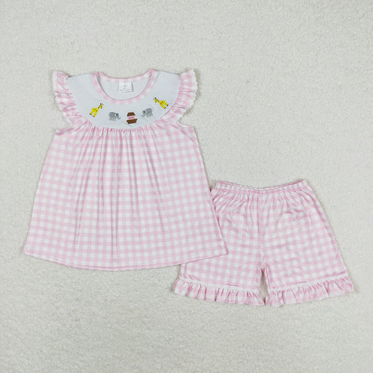 Baby Girls Giraffe Elephant Pink Checkered Tunic Top Ruffle Shorts Outfits Clothes Sets