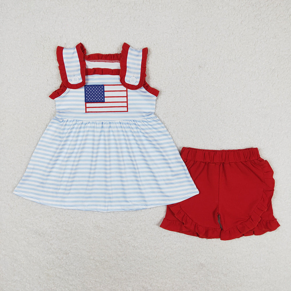 Baby Girls Flag Blue Stripes Tunic 4th Of July Shorts Clothes Sets