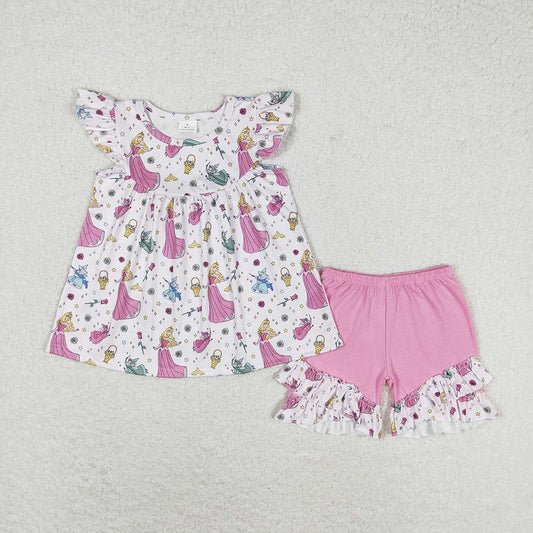 Baby Girls Pink Princess Flowers Tunic Ruffle Shorts Clothes Sets