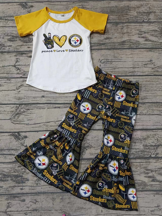 Baby Girls Peace Steelers Team Top Bell Pants Clothes Sets preorder(MOQ 5)