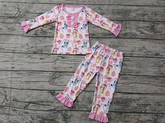 Baby Girls Pink Dogs Chrsitmas Top Pants Pajamas Clothes Sets preorder(MOQ 5)