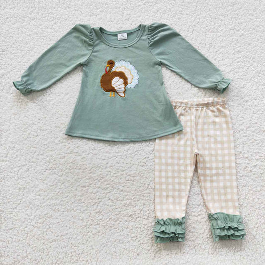 Baby Girls Thanksgiving Turkey Embroidery Tunic Icing Legging Pants Clothes Sets