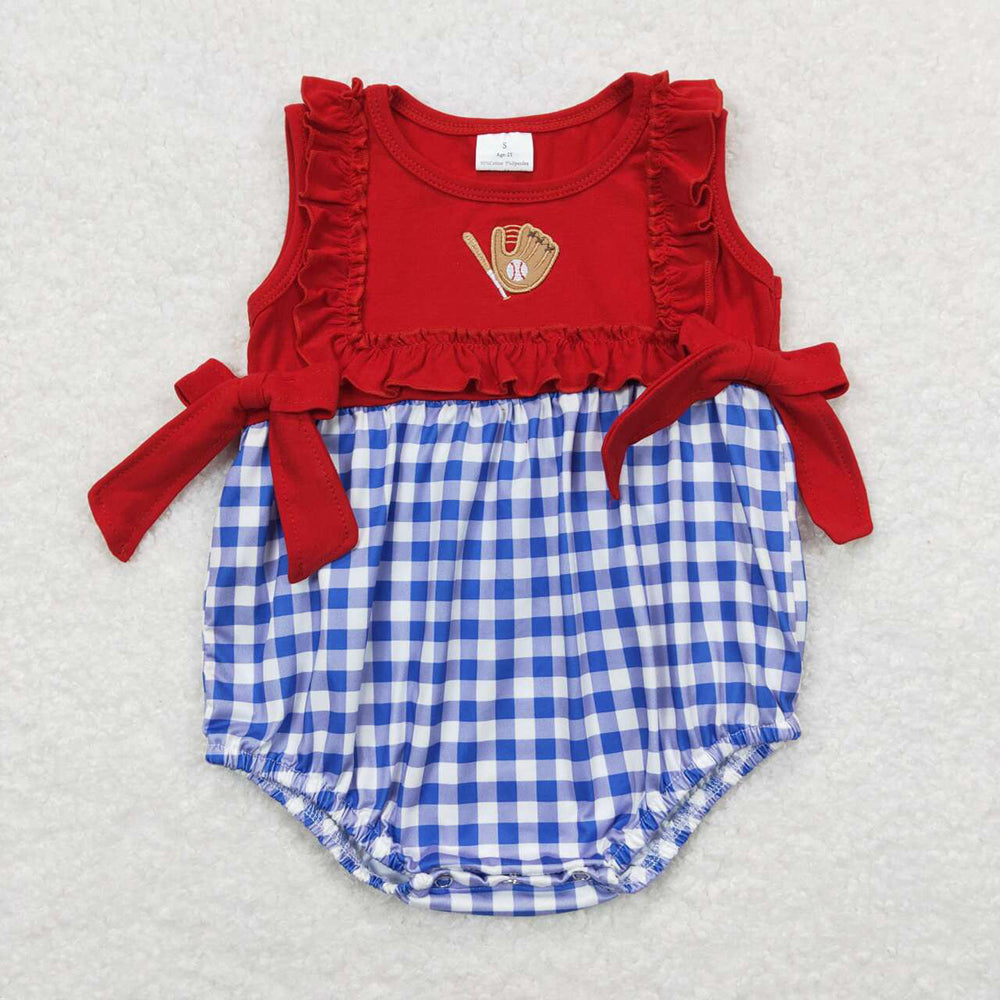 Baby Infant Girls Baseball Red Blue Bows Rompers